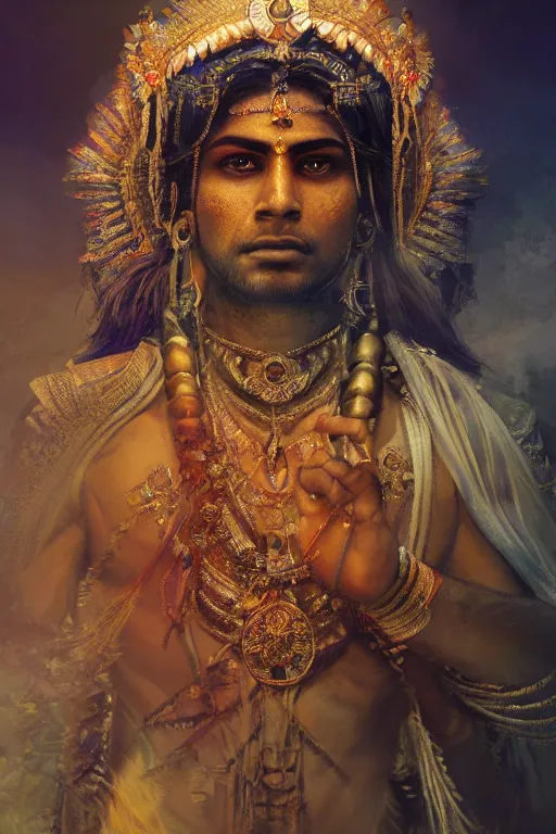 Image similar to indian god, close - up portrait, powerfull, intricate, elegant, volumetric lighting, scenery, digital painting, highly detailed, artstation, sharp focus, illustration, concept art, ruan jia, steve mccurry