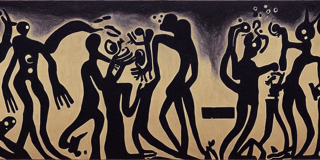 Prompt: aliens in black handing over artifacts to a politician, night scene, inspired by francis picabia, concept art