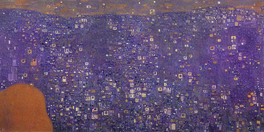 Prompt: autumn city in blue and purple colors epic by gustav klimt