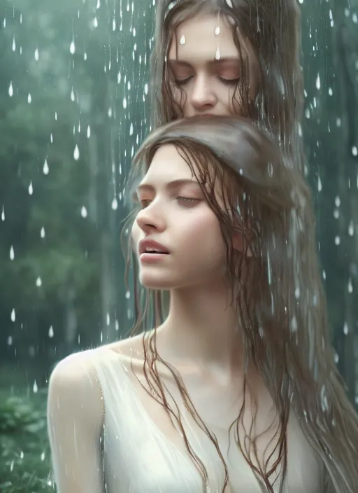 Prompt: young woman beautiful face : : wet hair and white dress : : raining forest nature : : weta disney pixar movie still photo : : decadent highly - detailed digital painting, full length shot, golden ratio, octane render, artstation, smooth, sharp focus, artgerm, mucha, loish, wlop, gogo