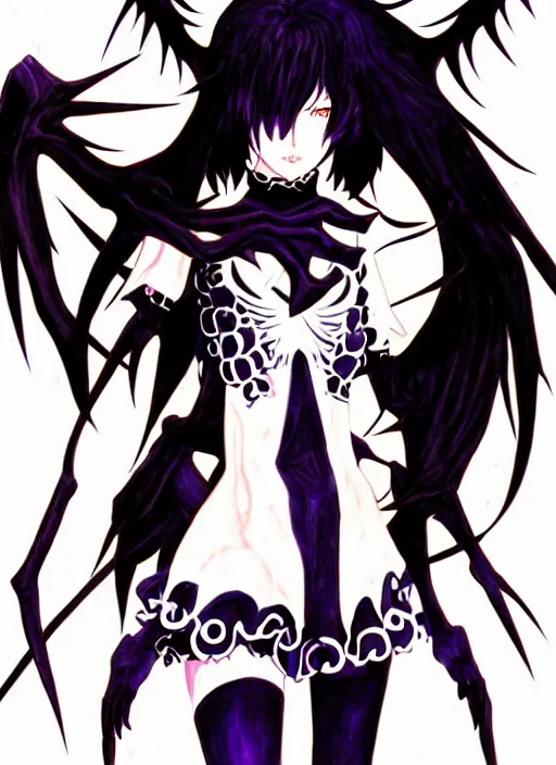 Prompt: shin megami tensei art of a demon called goth girlfriend, art by kazuma kaneko, demonic! compedium!, digital drawing, white background, high quality, highly detailed