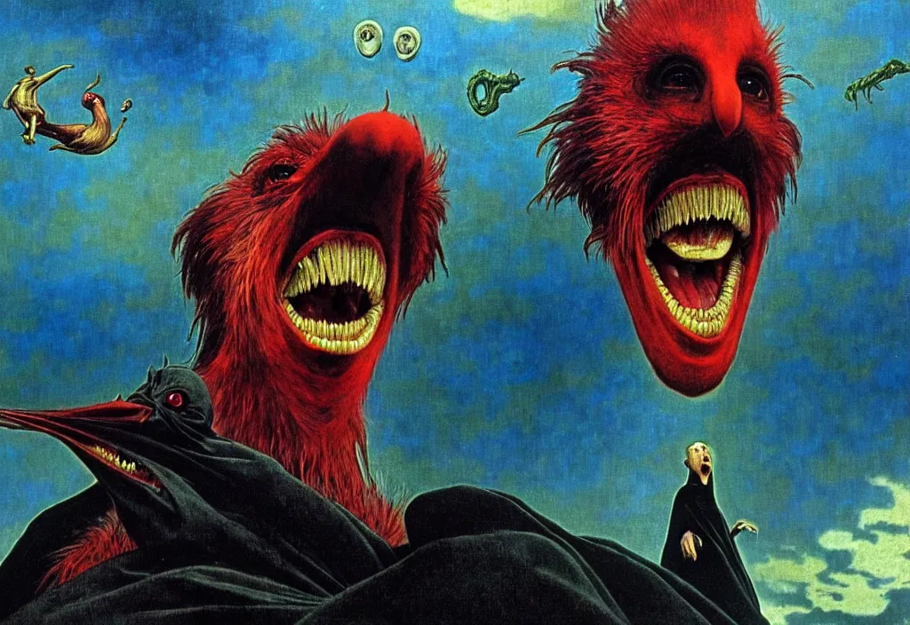 Image similar to realistic detailed portrait movie shot of a screaming birdman wearing black robes, sci fi landscape background by denis villeneuve, amano, yves tanguy, alphonse mucha, ernst haeckel, max ernst, roger dean, masterpiece, rich moody colours, snarling dog teeth, blue eyes