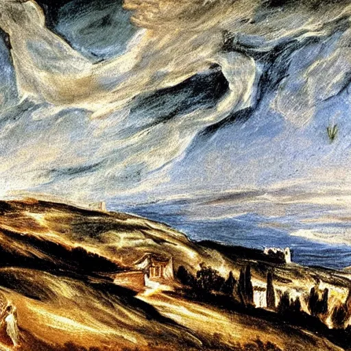 Image similar to A Spanish landscape at night by El Greco.