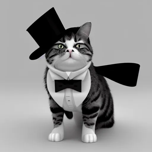 Prompt: a cat wearing a top hat and a bow tie, an ambient occlusion render by anne stokes, polycount contest winner, new objectivity, daz 3 d, rendered in maya, sketchfab