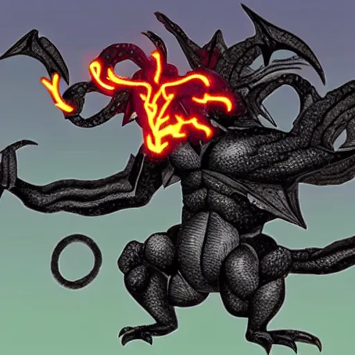 Prompt: a 3 headed black dragon pokemon shooting electricity out of its mouth