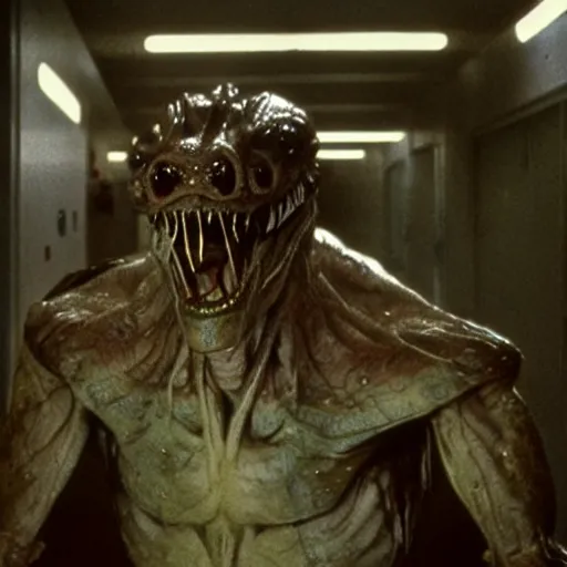 Image similar to 1 9 8 0 s sci - fi movie, vintage still frame, skinned monster demon in hi - tech corridor, photorealistic, art by ridley scott