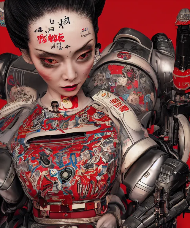 Image similar to an epic fantastic realism comic book style portrait painting of a japanese robotic geisha with kanji tattoos and decals, apex legends, octane render, intricate detail, 4 k hd, unreal engine 5