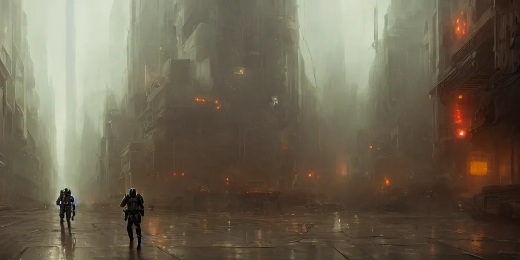 Prompt: a painting of a cinematic keyframe of a star wars mysterious mandalorian walking into a cinematic landscape city, heavy atmosphere and smoke by greg rutkowski, rule of thirds, golden ratio, ambient lighting, wlop, artgerm, artstation, highly detailed masterpiece, dark fantasy art, high detail, trending on artstation