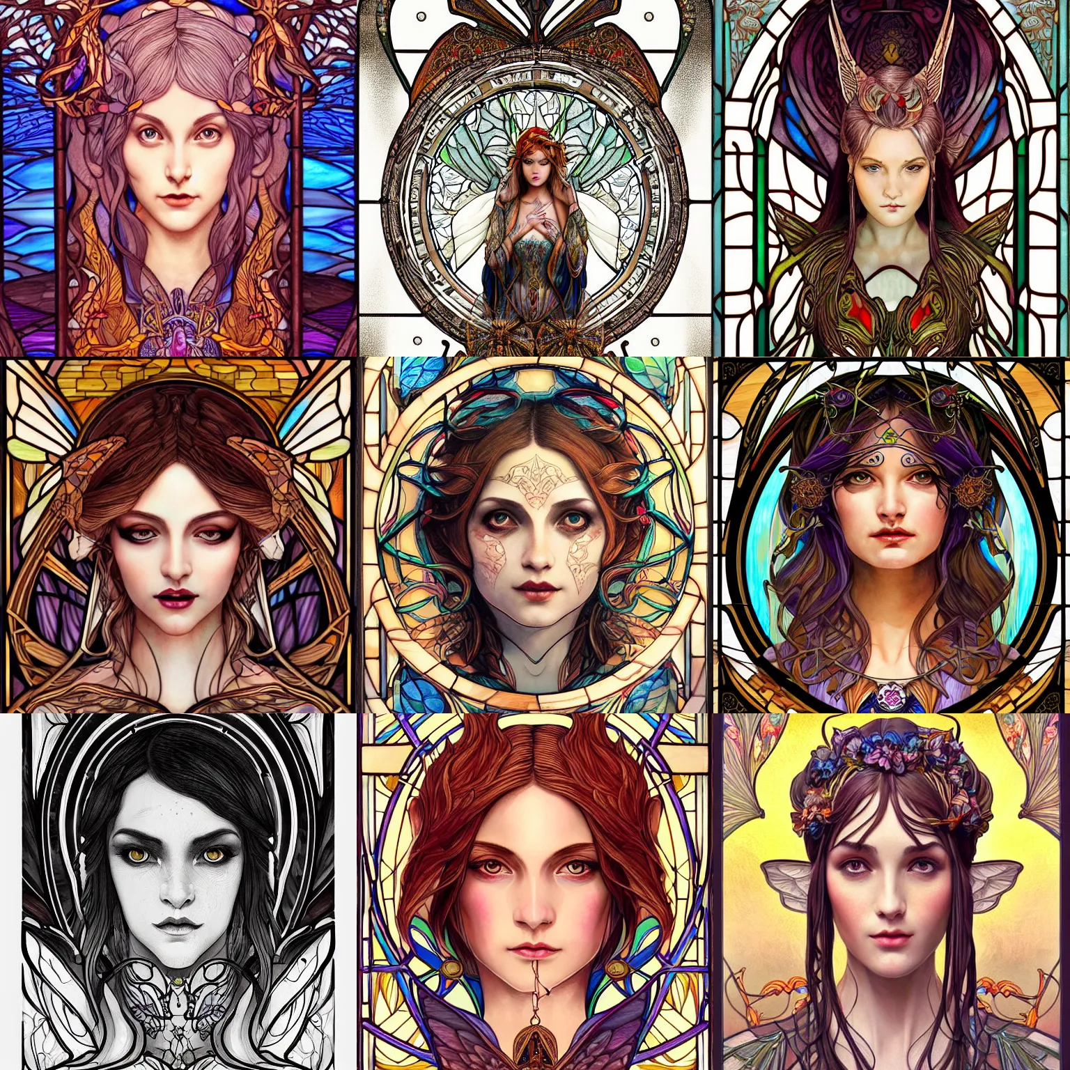 Prompt: head-on symmetrical centered painted portrait, female pixie, art nouveau, tarot card style, stained glass wings, fantasy, intricate, elegant, highly detailed, smooth, sharp focus, illustration, artstation, in the style of Artgerm and Anna Podedworna and Alex Ross and Mucha