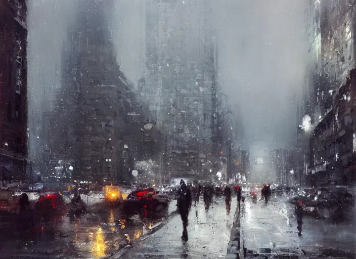 Prompt: a cityscape in winter painting by jeremy mann, street - level, dripping oil paint, thick brushstrokes, high resolution