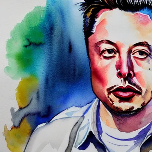 Prompt: highly detailed watercolor painting of Elon Musk, trending on artstation,