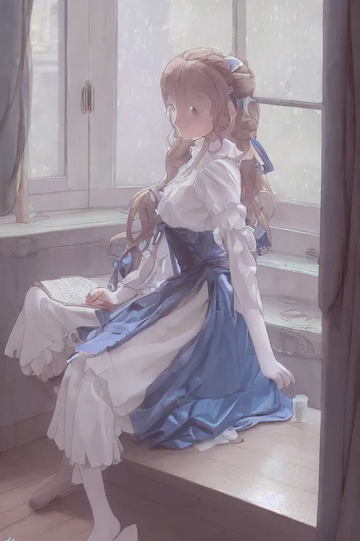 Image similar to a young lolita dressed girl in a maid's outfit in the bedroom typing front the notebook at night, raining outside the window, grey and blue theme, wavy white long hair by krenz cushart and mucha and akihito yoshida and makoto shinkai and greg rutkowski, 4 k resolution