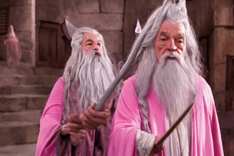 Prompt: Gandalf wearing pink Hello kitty costume, meeting regular Gandalf, dramatic lighting, movie still from Lord of the Rings, cinematic