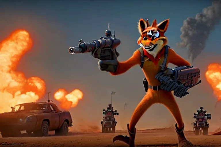 Image similar to nick wilde ( from zootopia ), heavily armed and armored facing down armageddon in a dark and gritty reboot from the makers of mad max : fury road