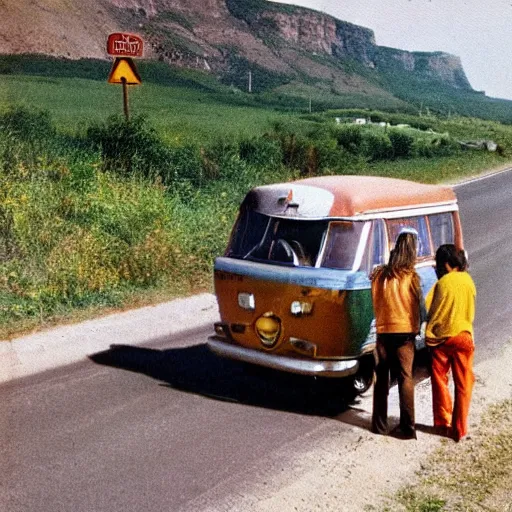 Prompt: a 1970's hippie poster with 2 guys hitchhiking at the edge of the road with a caravan