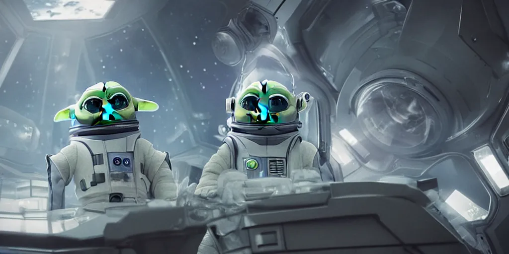 Image similar to a 3 d rendered movie still, wide - angle shot, 1 0 0 meter in the distance, baby yoda wearing a spacesuit, and exploring cosmos in a super awesome space ship. dramatic lighting, imax, 7 0 mm. science fiction blockbuster movie, buzz lightyear.