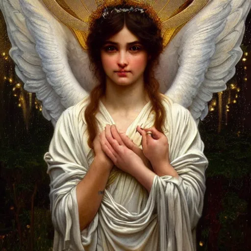 Image similar to highly detailed oil painting | very intricate | cinematic lighting | award - winning | the beautiful angel of jupiter wearing a flowing toga | by godward, by tom bagshaw, by j. c. leyendecker and klimt, beautiful cinematic light, american romanticism, by alphonse mucha, artstation, cgsociety, official art, octane