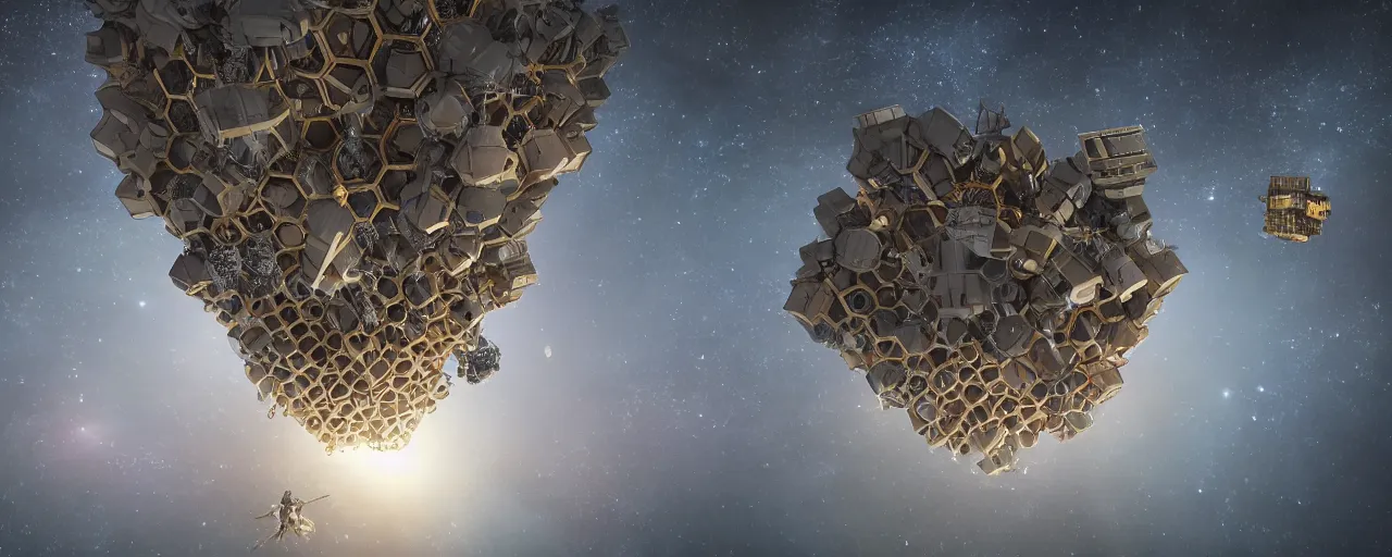 Image similar to movie still, brutalist wasp hive megastructure in space, unreal engine, octane render, detailed and intricate, global illumination, volumetric lighting, hubble telescope images, james webb telescope images, detailed and intricate environment