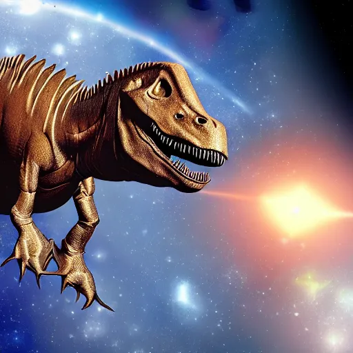 Image similar to a hyper realistic digital painting of a dinosaur in an space suit in space
