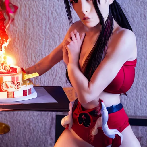 Prompt: mai shiranui blowing out candles on a birthday cake, broody and sulking, anime, video game, livia prima