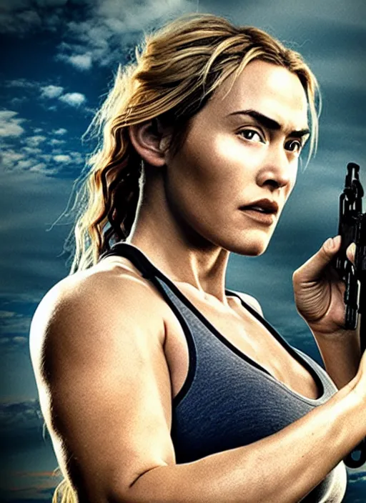 Prompt: a film still of kaye winslet as lara croft, sweat, direct sun light, close up potrait, cinematic,