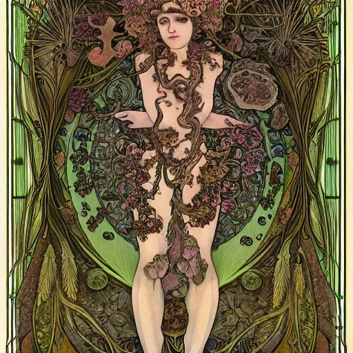 Prompt: a beautiful detailed front view portrait of a rotten woman corpse with fractal plants and fractal flowers and mushrooms growing around, symmetrical, ornate, ornamentation, illustration, in the style of art nouveau, mucha