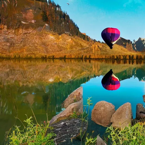 Image similar to photo of two black swans touching heads in a beautiful reflective mountain lake, a colorful hot air balloon is flying above reflecting off water, hot air balloon, intricate, 8k highly professionally detailed, centered, HDR, CGsociety