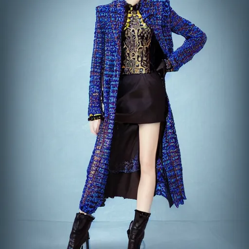 Image similar to fashion 2 0 5 0 fantastic openwork long coat with intricate pattern on a beautiful symmetrical girl with blue hair, hyper realistic photos