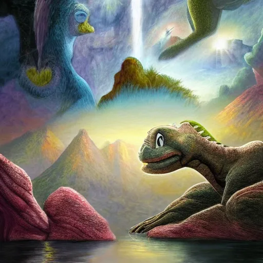 Image similar to the land before time, artstation hall of fame gallery, editors choice, # 1 digital painting of all time, most beautiful image ever created, emotionally evocative, greatest art ever made, lifetime achievement magnum opus masterpiece, the most amazing breathtaking image with the deepest message ever painted, a thing of beauty beyond imagination or words