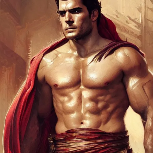 Image similar to henry cavill as a greek gladiator, gorgeous, amazing, muscular, intricate, highly detailed, digital painting, artstation, concept art, sharp focus, illustration, art by greg rutkowski and alphonse mucha