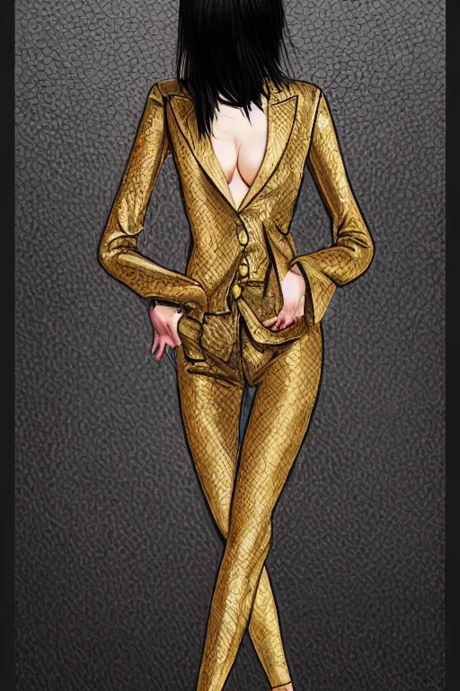 Image similar to yakuza slim girl, gold suit jacket in snake print, jacket over bare torso, yakuza tattoo on body, black short curtain haircut, black leather pants with black belt, elegant, 2d, ultra highly detailed, digital painting, smooth, sharp focus, artstation, art by Ilya Kuvshinov