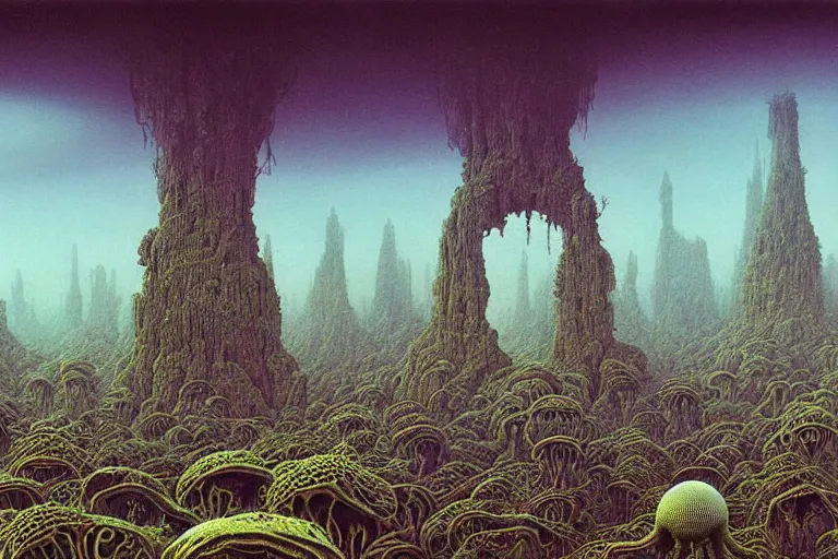 Prompt: a surreal and awe - inspiring science fiction landscape, alien plants and animals, intricate, elegant, highly detailed matte painting by beksinski and simon stalenhag