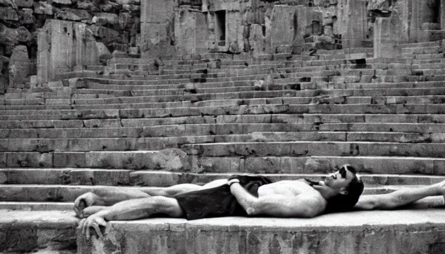 Image similar to 1 9 6 0 s movie still close - up of caligula laying dead on the ancient amphitheater's stairs wounded on the torso, cinestill 8 0 0 t 3 5 mm, high quality, heavy grain, high detail, dramatic light, anamorphic