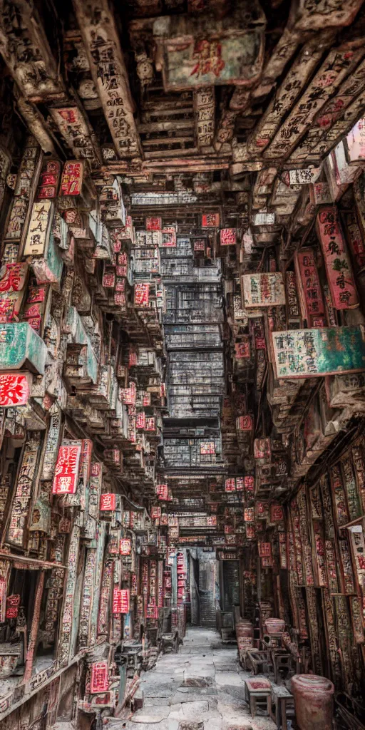 Image similar to an interior view of Kowloon walled city in Hong Kong, very detailed, photoreal, 8k, canon 20mm lens