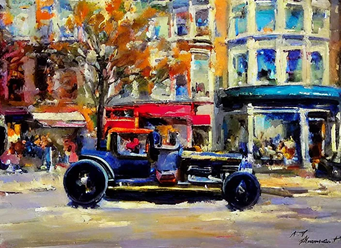 Image similar to hotrods driving down a street , vintage, highly detailed, by Antoine blanchard