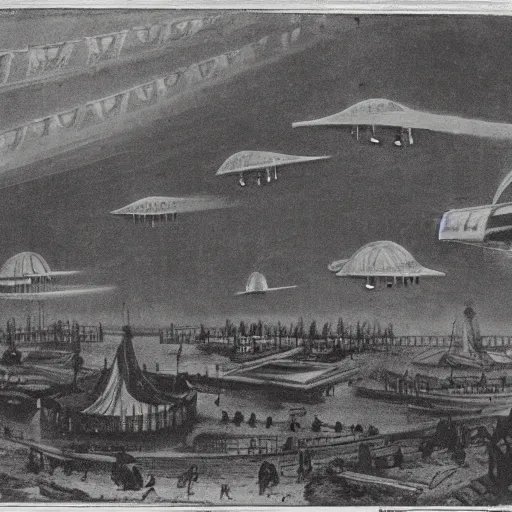 Image similar to grainy 1800s photo of a world\'s fair with flying machines above it