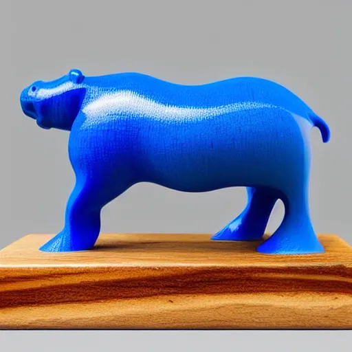 Image similar to a beautiful minimalist curvy shaped small sculpture of hippopotamus!!!, ( ( wood ) ) and ( ( blue epoxy ) ) on top mix, cubic blocks stripes cuts, side view profile centered, studio, design