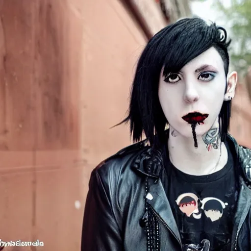 Image similar to anime style trans guy with black shaggy hair and piercings, emo, goth