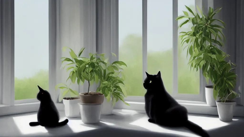 Image similar to peaceful dreamy painting of a content black cat sitting by a window and looking outside, sunshine coming through the window, small plants on the window sill, 8k, hyper realism, trending on artstation, octane render, oil painting