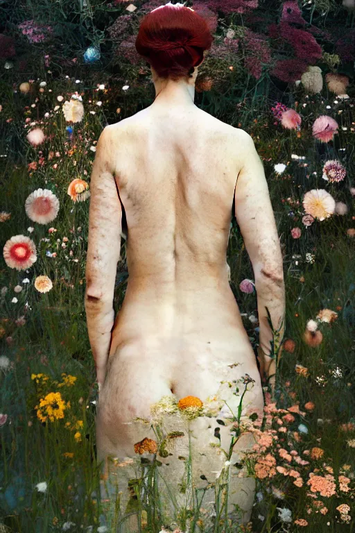 Prompt: beautiful woman with her back turned, in a garden, imperil, beauty portrait by greg rutkowski, hilma af klint, moebius, victo ngai, sharp focus, global illumination, highly detailed, masterpiece, award winning, post processing