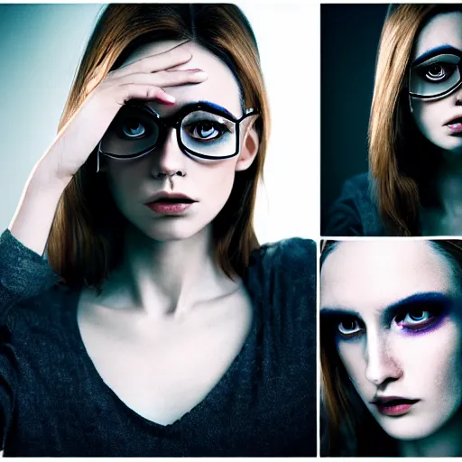 Image similar to surreal photography of beautiful female model portrait with four eyes, photography, cinematic, film still