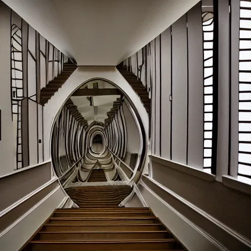 Image similar to model, hallways and stairwells and mirrors, warped dperceptions, similar to relativity by m. c. escher