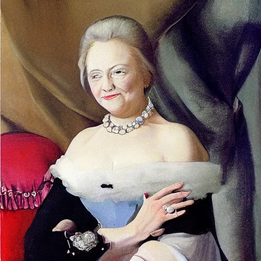 Prompt: very very beautiful surreal painting of hillary clinton wearing jewels and a white christian dior dress, painted by francisco goya