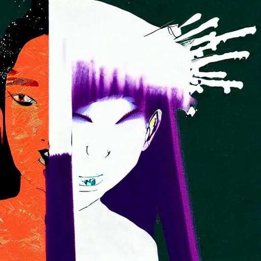 Prompt: Graphic Illustration, Creative Design, Glitch Art, Young Asian Woman with Purple Hair, by Ashley Wood and Jamie Hewlett