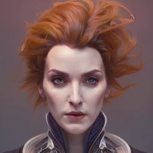 Image similar to character portrait of Moira from Overwatch, dystopian mood, intricate, wild, highly detailed, digital painting, artstation, upper body, concept art, smooth, sharp focus, illustration, art by artgerm and greg rutkowski and alphonse mucha