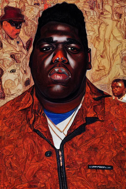 Prompt: a portrait of biggie smalls in style of egon schiele, masterpiece, hyperdetailed, complex, intricate, old school, 9 0 s, notorious b. i. g. style, 4 k, trending on artstation