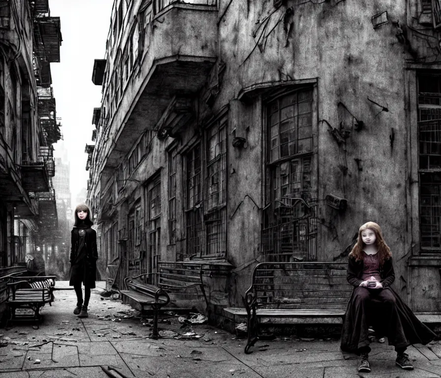 Prompt: mid shot of sadie sink in hoodie sits on bench in ruined square, pedestrians walk by | steampunk tenement windows in background : storyboard, scifi cyberpunk. by gabriel hardman. cinematic atmosphere, detailed and intricate, perfect anatomy