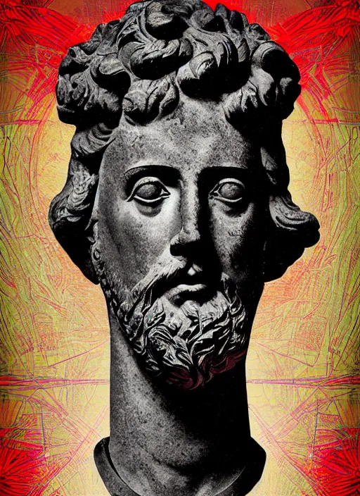 Image similar to design poster showing a statue of marcus aurelius, black background with very subtle red and purple design elements, powerful, nekro, graphic design, collage art, thin lines, dark, glitch art, neo vaporwave, gritty, layout frame, square, trending on artstation