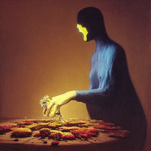 Image similar to a golemn tending to a beautiful dried flower in a dark room, zdzislaw beksinski, arthur rachham, 8 k, artstation, interior