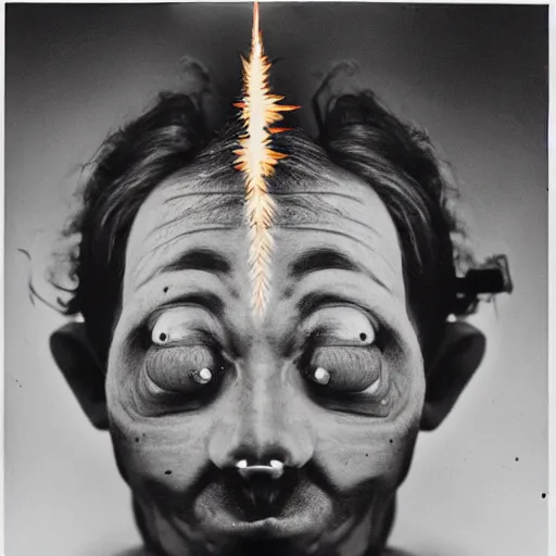 Prompt: a man experiencing his third eye pineal gland exploding out of the front of his forehead as he is able to perceive all of the thoughts of mankind. body horror. by gerald grom and ansel adams.